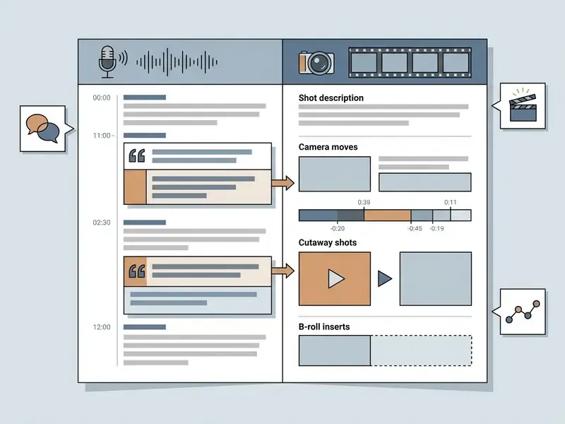 Split layout showing audio narration on the left and corresponding visual production details on the right