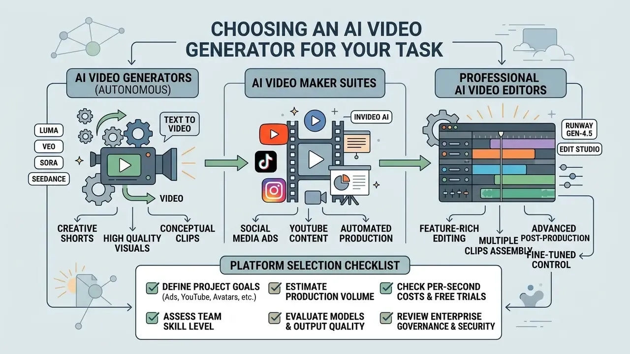 Diagram categorizing AI video tools into autonomous generators, maker suites, and professional editors