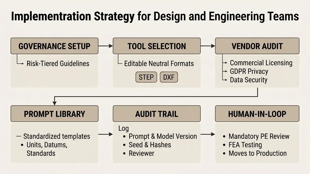 Six step sequence showing governance, tool selection, vendor audit, prompt library, audit trail and review