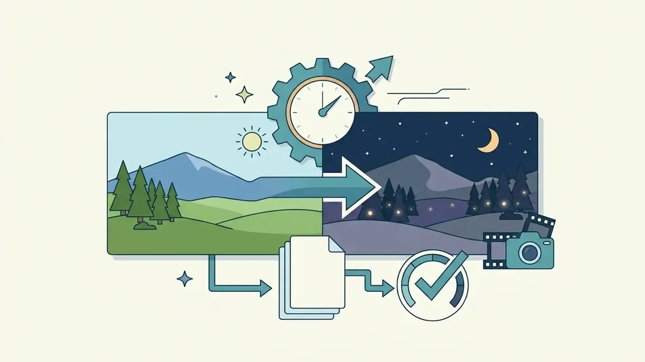Daytime mountain landscape morphing into a nighttime scene with a clock gear and camera film icons