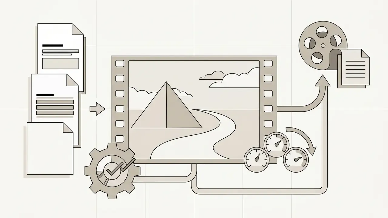 Documents feeding into a film frame with gear and gauge icons leading to a movie reel and script