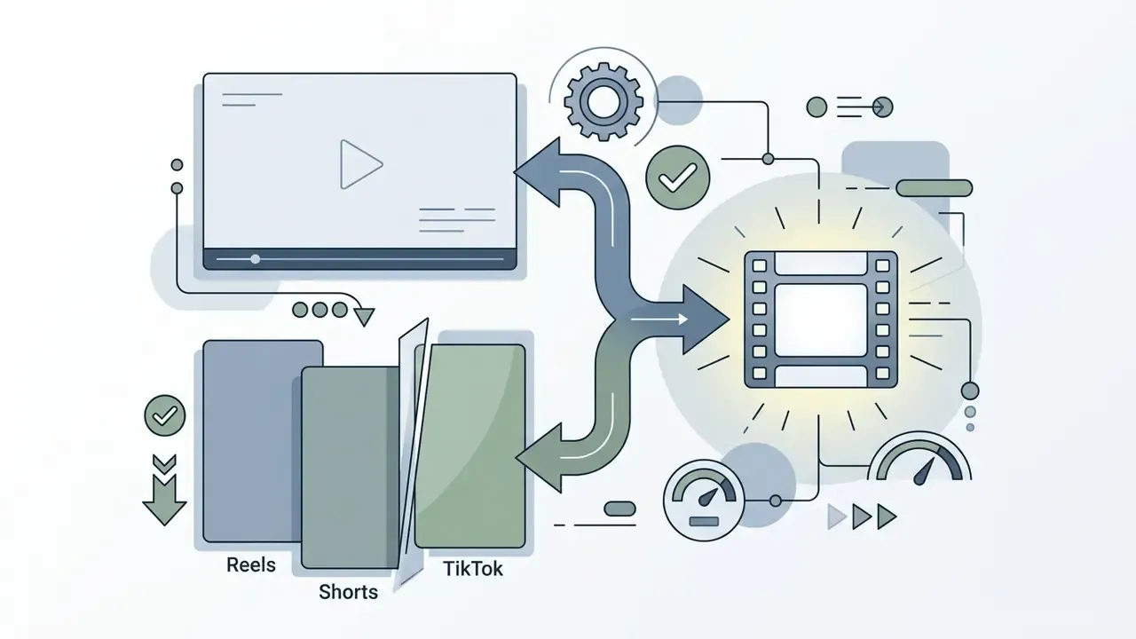 Widescreen and vertical video formats feeding into a central processing hub with speed and status icons