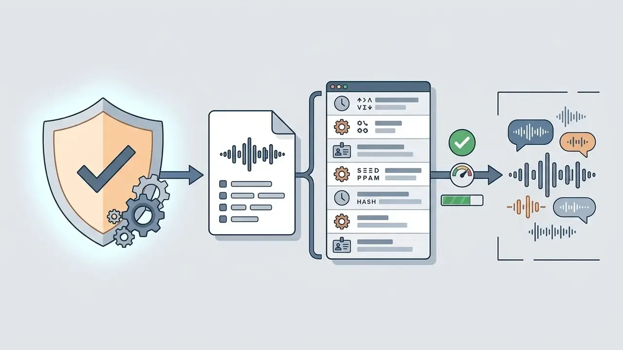 Shield icon with gears connecting to a document and a metadata list that outputs audio waveforms