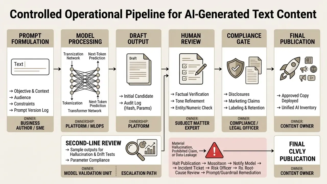 Flowchart detailing the lifecycle of AI text generator content from prompt submission to final publication