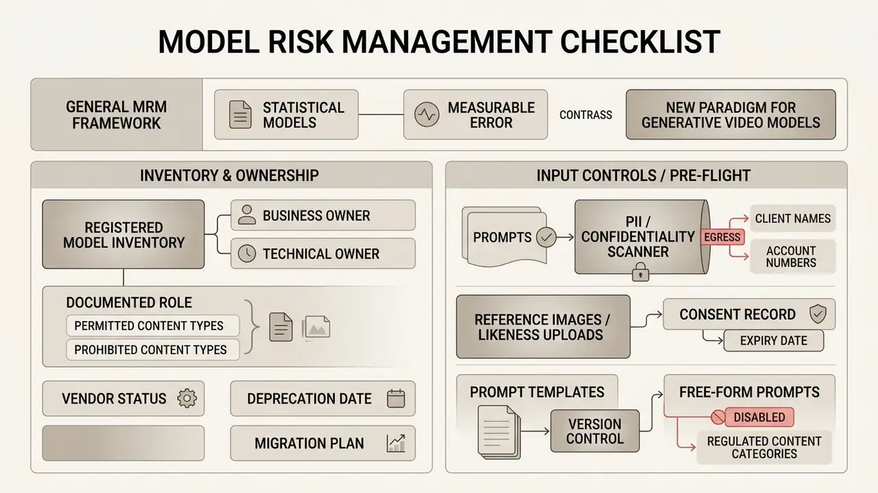 Checklist showing model risk management framework components for inventory ownership and input controls