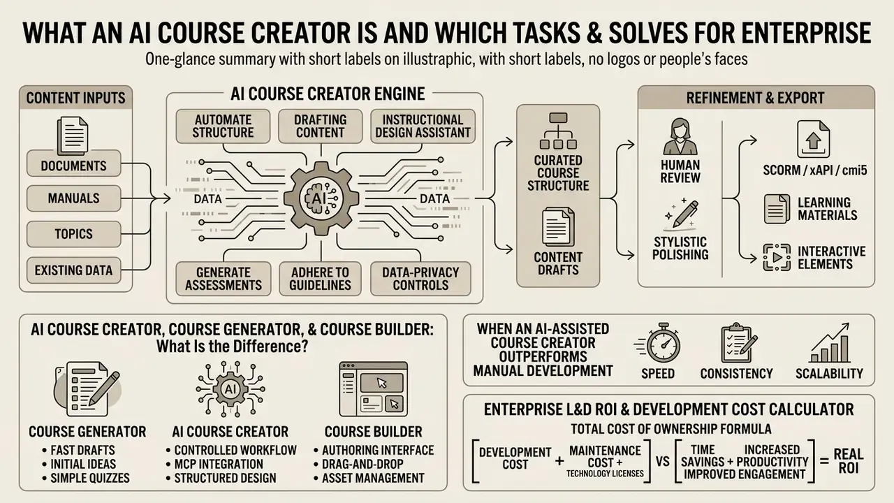 Flowchart showing how an AI course creator processes inputs into structured content and exportable assets