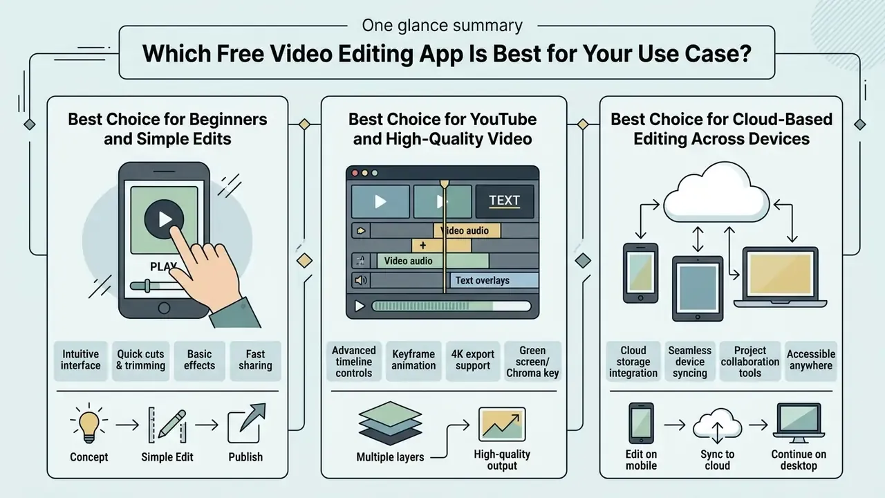 Summary table comparing three categories of video software for beginners, YouTube creators, and cloud users