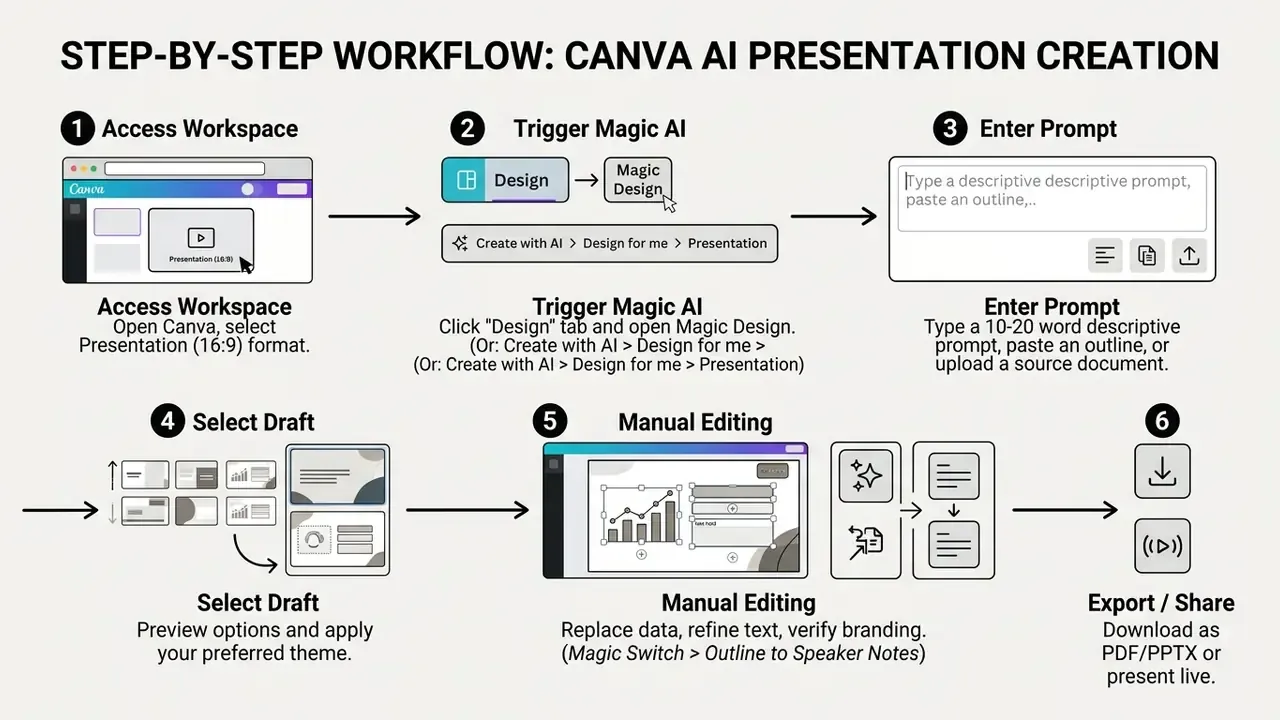 Six numbered steps showing how to open a workspace, prompt the tool, select a draft, and edit slides
