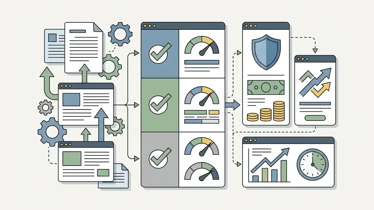 Documents and software windows feeding into a central analysis hub with gauges, shield icons, and trend charts