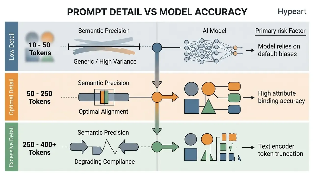 Comparison chart showing how varying token counts affect AI model output accuracy and semantic precision