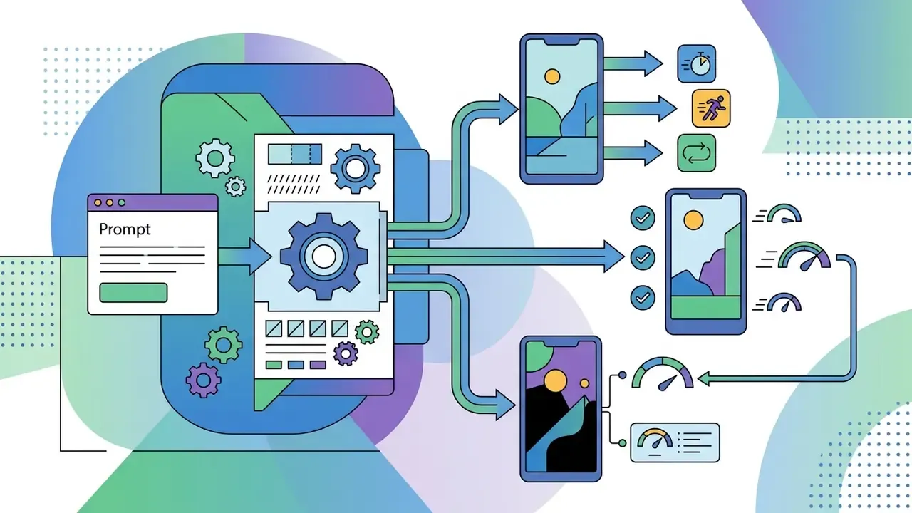 Central engine processing a text prompt into mobile video formats with performance and speed indicators