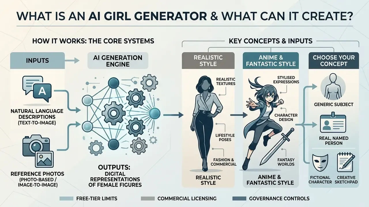Diagram detailing how AI girl generator systems transform text or photo inputs into diverse character styles