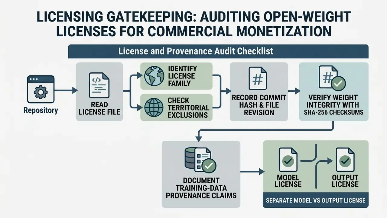 Flowchart detailing a checklist for auditing open-weight model licenses and data provenance