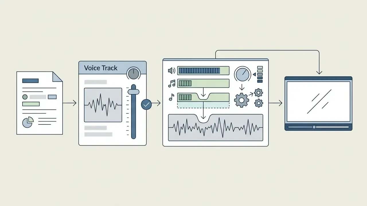 Document flowing into audio track controls and mixing interface before outputting to a video player