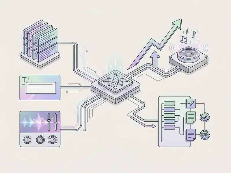 Central processor connecting text and audio inputs to generate musical output and data streams