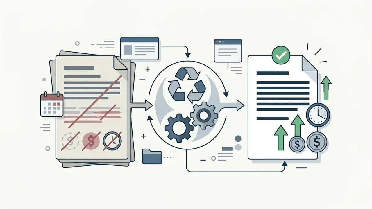 Document being revised through a central processing cycle to improve efficiency and cost metrics