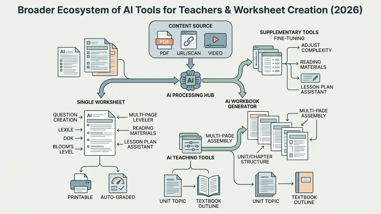 Central AI hub processing diverse content sources into single worksheets or multi-page workbooks