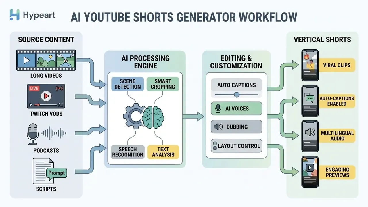 Flowchart illustrating how an AI tool transforms various media inputs into optimized vertical video clips