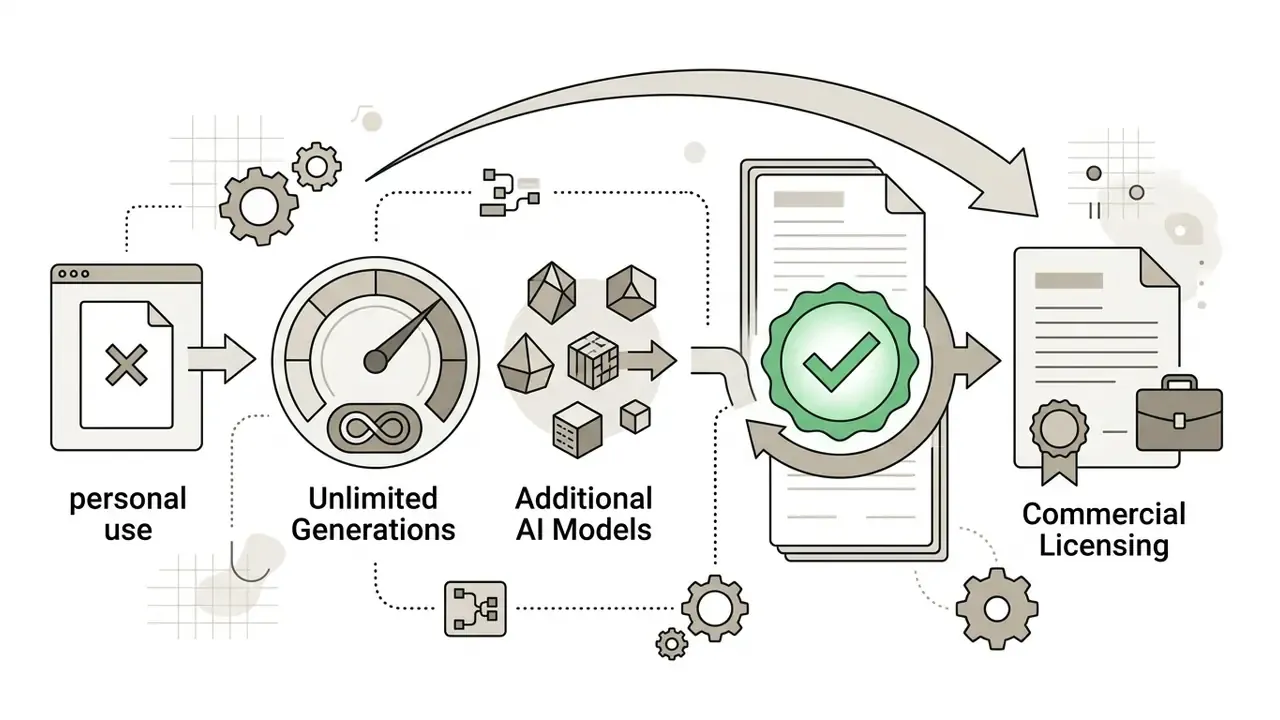 Personal use icon transitioning through speed and model gauges to a verified commercial license document