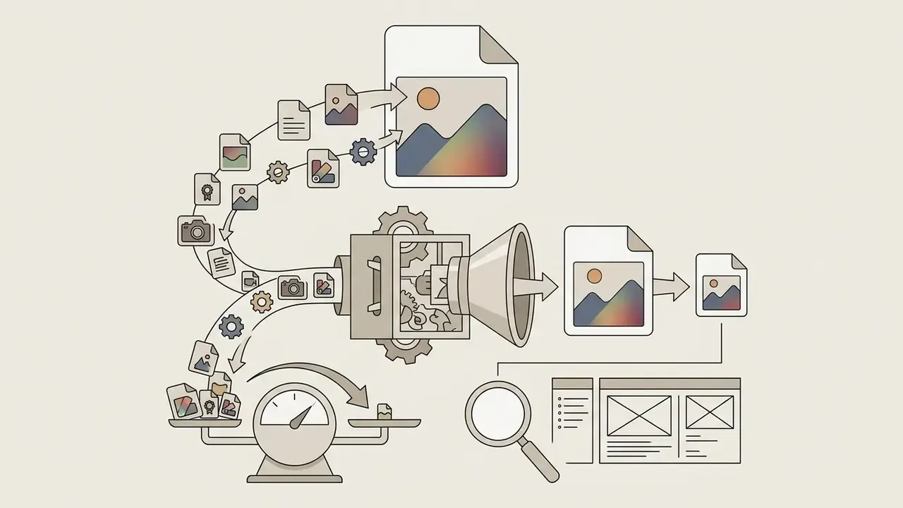 Process showing image files being processed through a machine to remove metadata and reduce file size