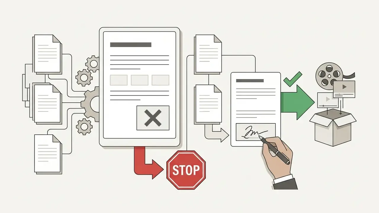 Hand signing a document to approve a script before it is processed into final video files