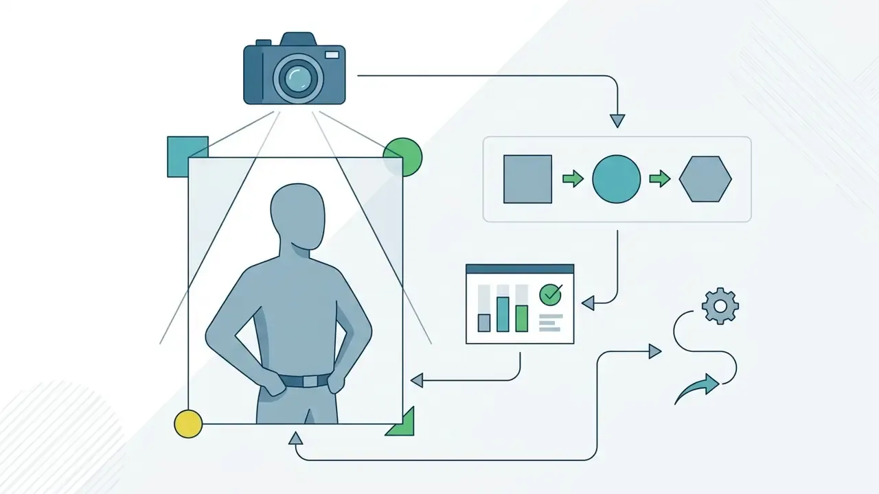 Camera framing a human figure connected to shape sequences, a bar chart, and a gear icon in a flow