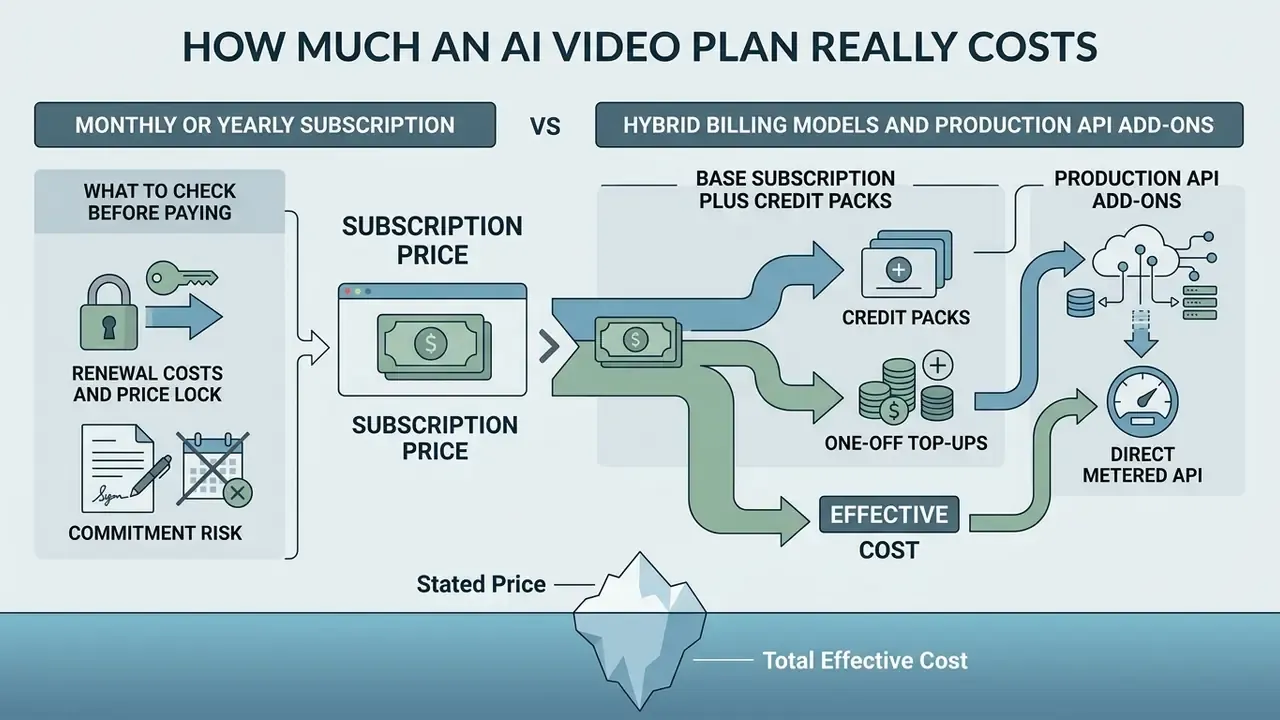 Comparison of subscription versus hybrid billing models for AI video production using an iceberg metaphor