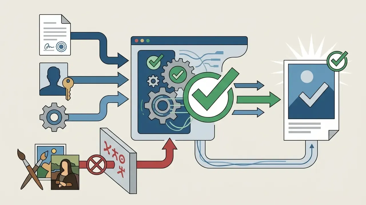 Digital assets and legal documents flowing into a processor to generate verified and compliant artwork