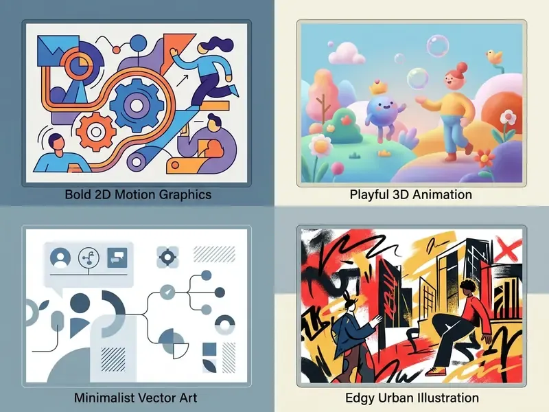 Four distinct visual styles displayed in a grid featuring motion graphics, 3D, vector art, and urban art