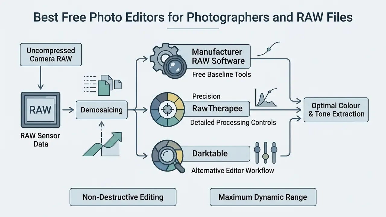 Infographic showing how RAW sensor data is processed through various free editors for optimal output