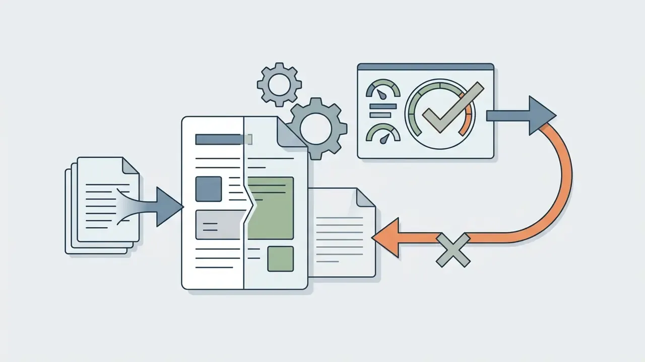 Documents feeding into a gear system that outputs to a status gauge and a feedback loop with an X mark