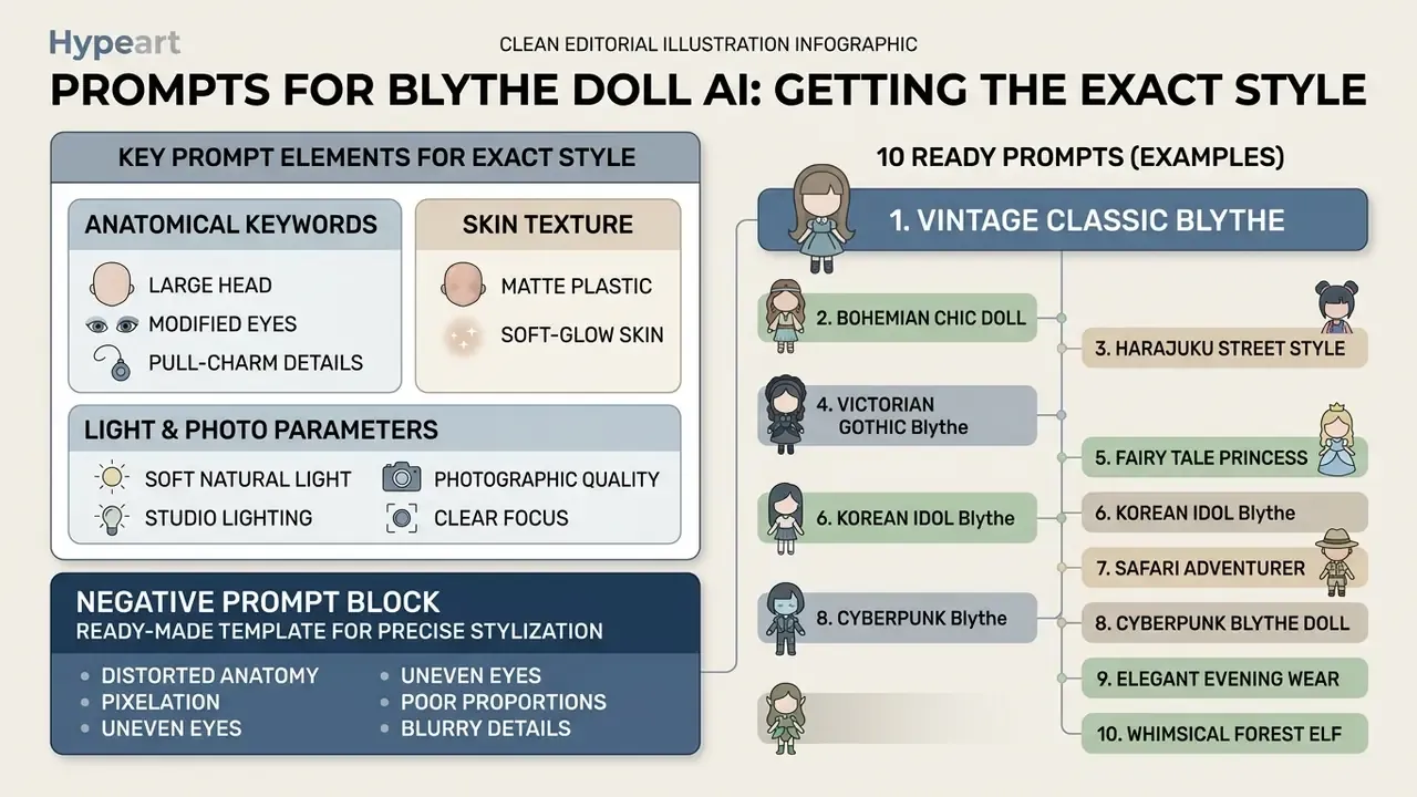 Infographic listing key prompt elements for doll styling alongside a numbered list of ten example themes
