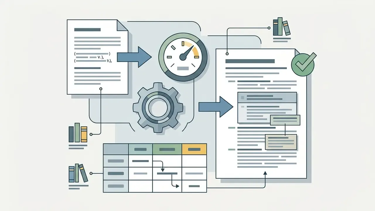 Documents and a gear mechanism feeding into a central processing hub with a status gauge and checkmark