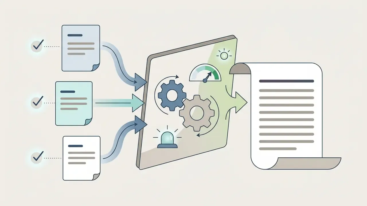 Three bulleted documents merging into a central processing unit to form a single cohesive paragraph
