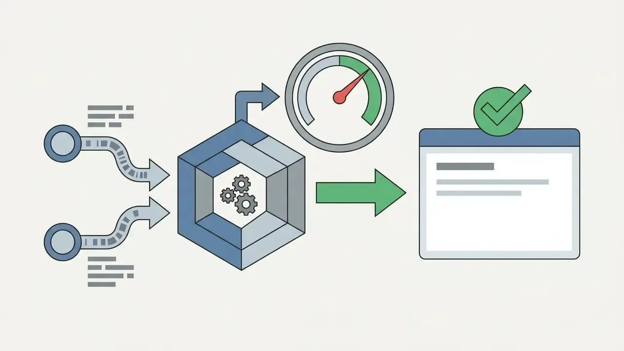 Data inputs feeding into a central processor with a gauge and a verified output window