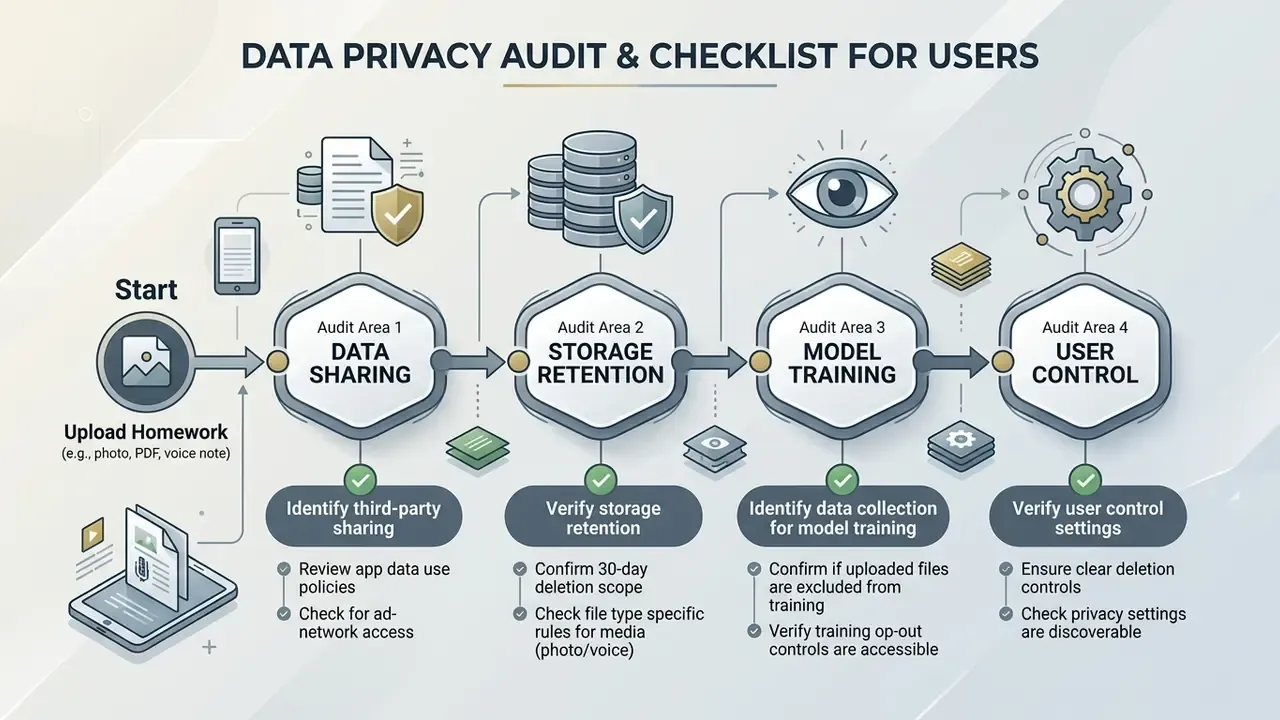 Flowchart outlining a four-step privacy audit process for evaluating an AI homework helper