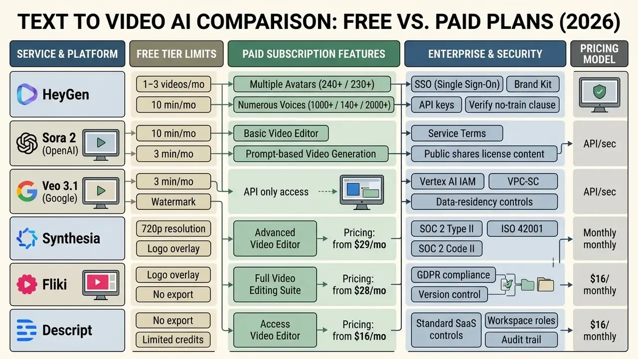 Comparison table detailing features, free tier limits, and security protocols for generative video platforms