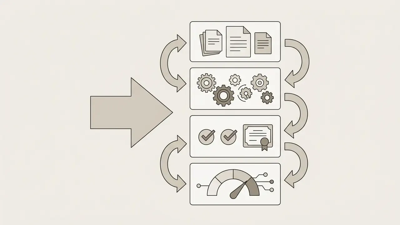 Four stacked boxes showing document processing, gear mechanisms, verification icons, and performance gauges