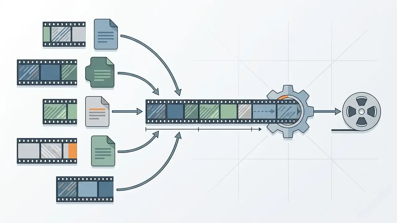 Multiple video clips and document files merging into a single timeline before being processed by a gear