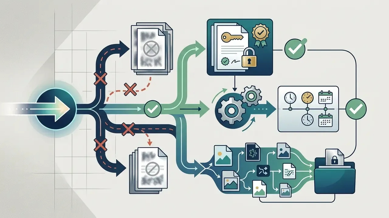 Decision path showing document verification, timestamp logging, and file management for asset ownership