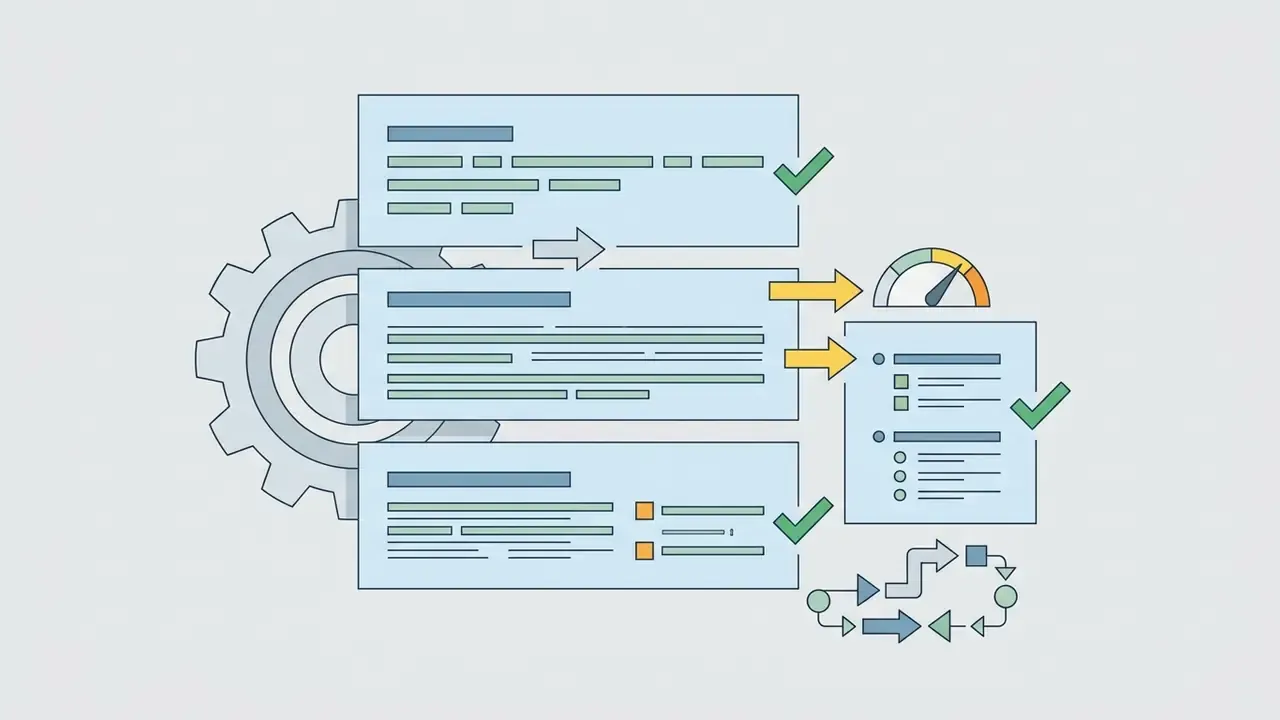 Gear mechanism processing text blocks into a validated document with a gauge and flow path