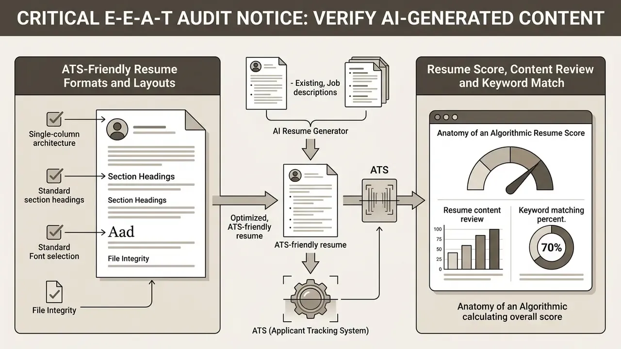 Infographic comparing resume layout requirements with an algorithmic scoring and keyword match process
