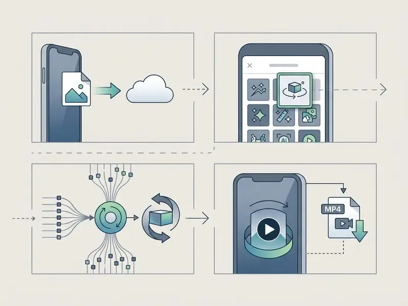 Four-step diagram showing photo upload, template selection, data processing, and final video download