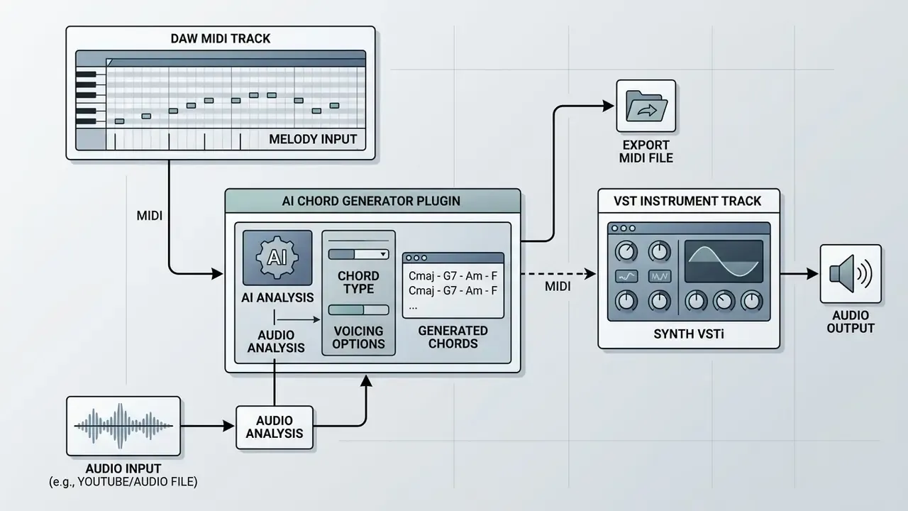 Schematic showing MIDI and audio data routing from a plugin to a VST instrument track for sound production