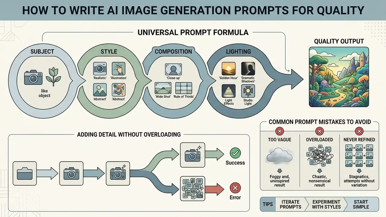 Flowchart showing a four-part formula for building descriptive visual inputs and avoiding common errors