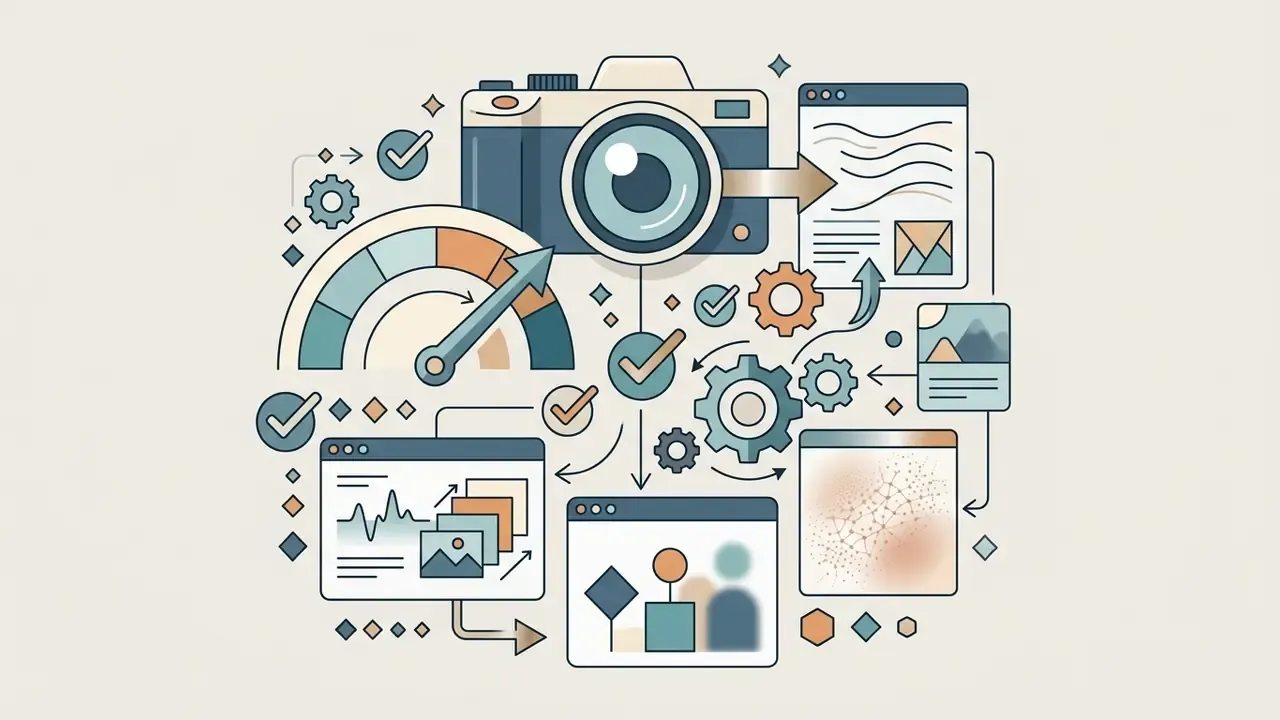Camera icon connected to gears and digital windows representing technical image processing workflows