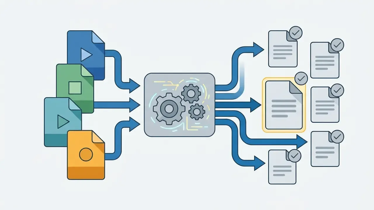 Colored media files flowing into a central gear processor and outputting as checked document files