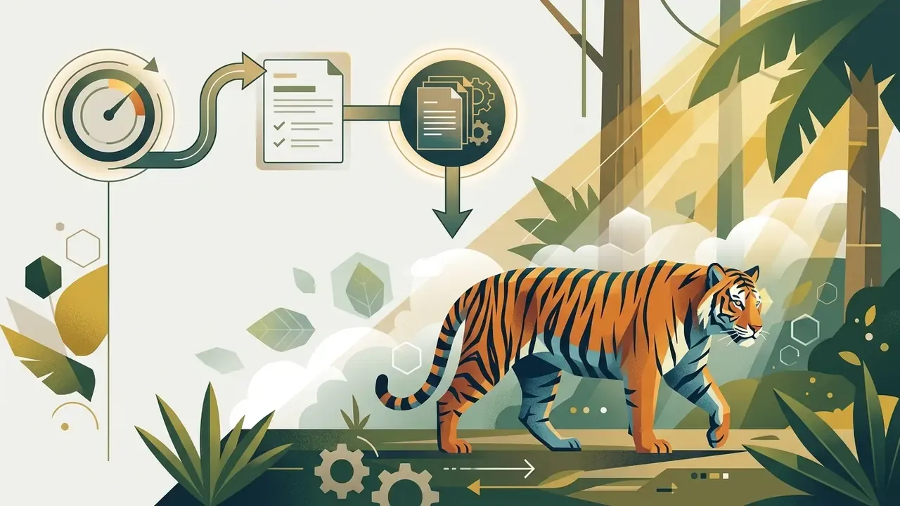 Diagram showing a tiger in a jungle with icons representing a prompt processing workflow