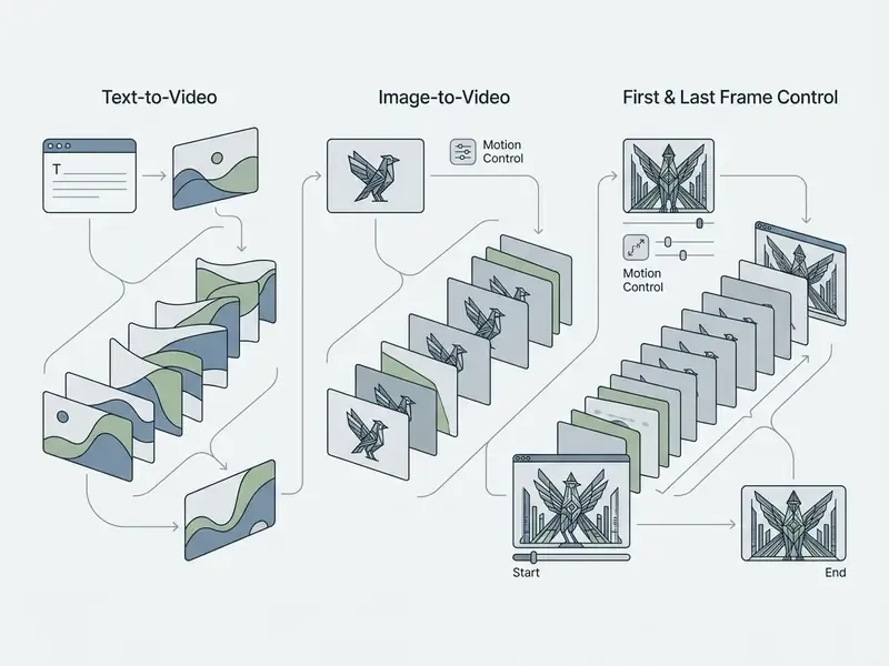 Diagram comparing generation workflows for text, image, and frame-controlled video sequences