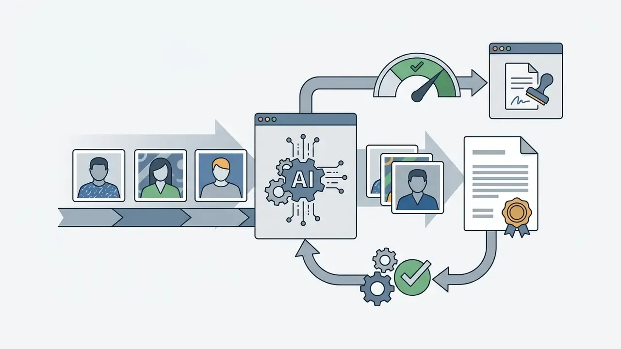 Portraits flowing into an AI processing unit that generates labeled documents and metadata credentials
